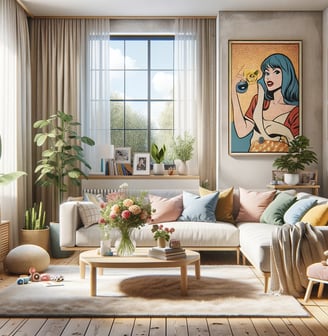 Sala de estar elegante com uma parede decorada com quadros de POP-ART, misturando arte moderna
