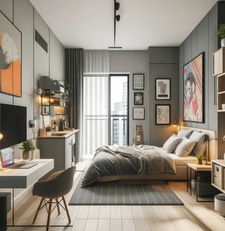 Quarto com decoração moderna, apresentando um quadro de POP-ART como peça central acima da cama.