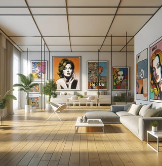 Sala de TV com decoração contemporânea, realçada por uma obra de arte POP-ART cheia de cores vivas.