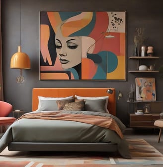 Sala de estar elegante com uma parede decorada com quadros de POP-ART, misturando arte moderna