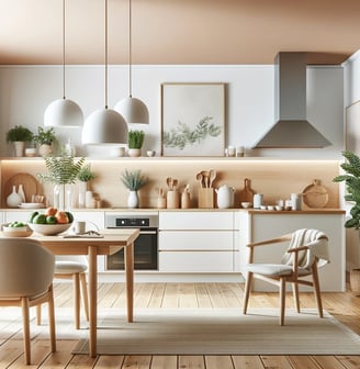Cozinha moderna e wellness com mesa de madeira e plantas.