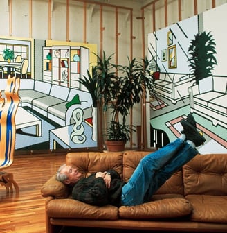 Roy Lichtenstein em seu estúdio em Greenwich Village. Fotografia de Thomas Hoepker/Magnum Photos