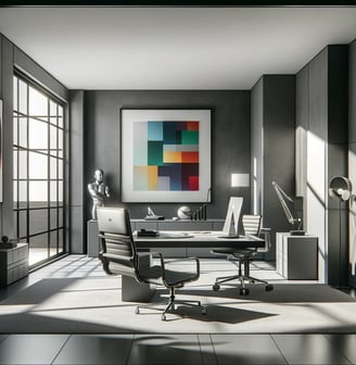 Sala de escritório moderna com paredes cinzas, mobília de escritório elegante, uma pintura na parede