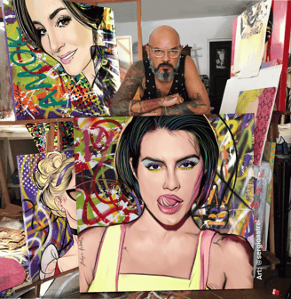 Sérgio Astral em seu ateliê , com quadros pintados de clientes