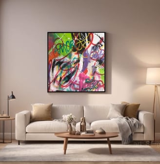 Sala de estar elegante com uma parede decorada com quadros de POP-ART, misturando arte moderna.