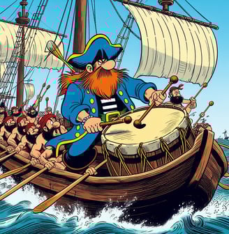 Un capitaine de navire pirate donne le ruthme à ses galériens