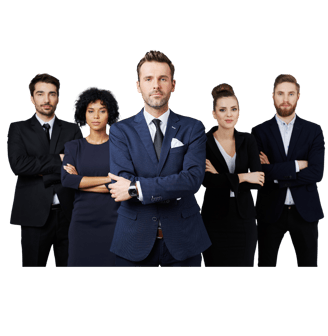 a group of business people standing in front of a colorful background