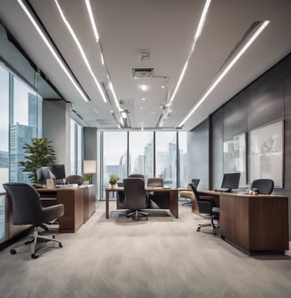 a large office with a desk and chairs