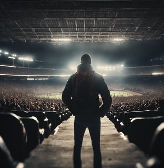 a man standing in front of a stadium with a backpacker