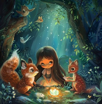 a girl with a crystal in an enchanted forest