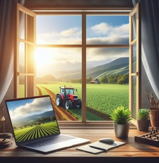 laptop computer on desk in front of open window with tractor in field in background