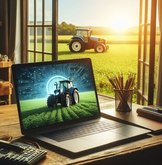 a laptop computer sitting on a desk with a tractor in the background