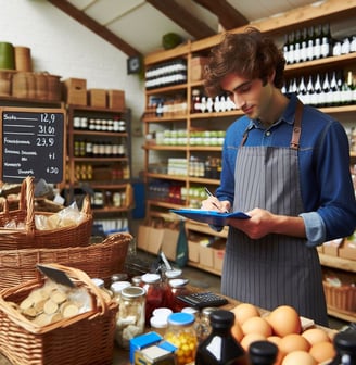 a man with clipboard standing in shop counting stock