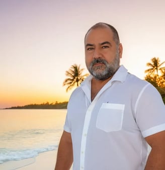 Fundador de Aretística en la playa al atardecer, transmitiendo calma, conexión espiritual y esencia