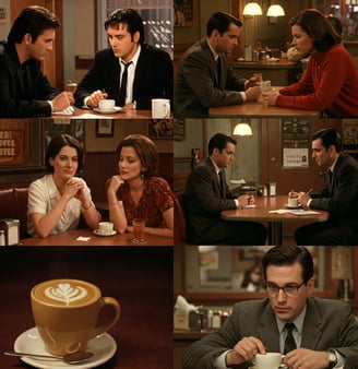 a collage of a man and woman sitting at a table