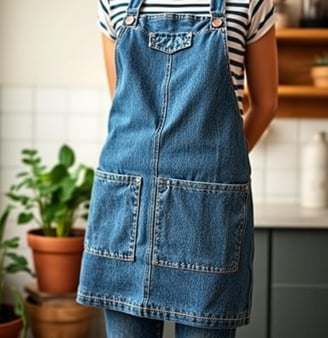 a woman in a striped shirt and jeans apron