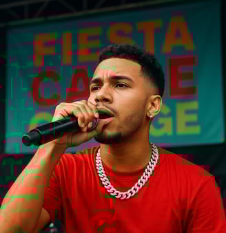 a man in a red shirt is holding a microphone