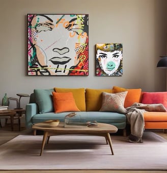 Sala de TV com decoração contemporânea, realçada por uma obra de arte POP-ART cheia de cores vivas.