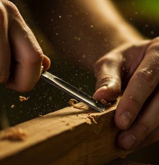 Manos tallando madera a mano con formón, detalle de virutas en el aire, representando el proceso art