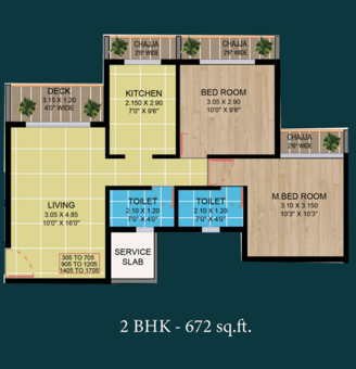 2 bhk 672 square feet floor plan of ellora emerald