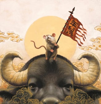 Chinese Zodiac year of the rat oil painting by Gabe Wells. Rat riding OX across the finish line. 