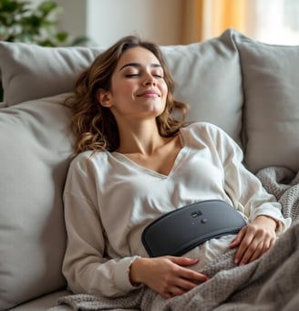 a woman laying on a couch with a heating pad on her stomach