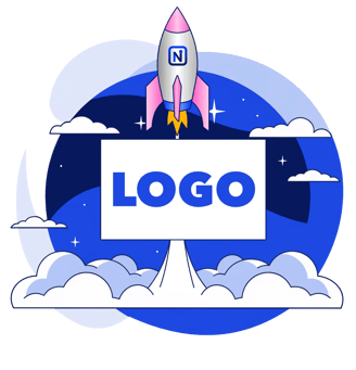 Une pancarte blanche sur laquelle est inscrite le mot "Logo", sur fond étoilé et une fusée avec le favicon N de NetVantage