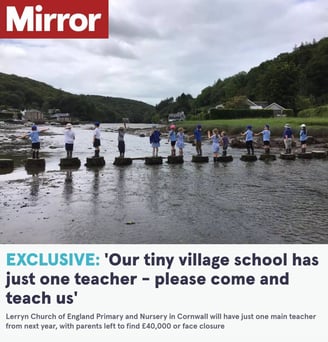 The Mirror article. "Exclusive: 'Our tiny village school has just one teacher - please come and teach us'