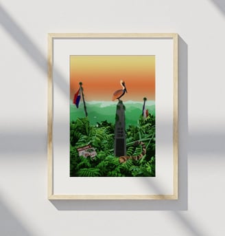 Framed print of a jungle scene with monument and pelican