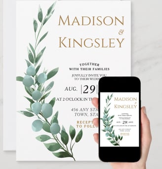 a person holding a phone in front of a wedding invitation