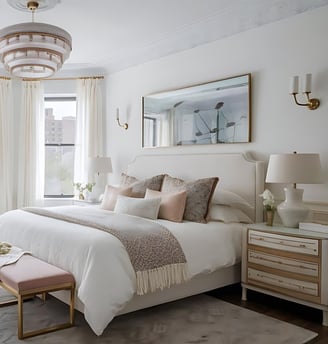 a bedroom with a large bed and a chandelier