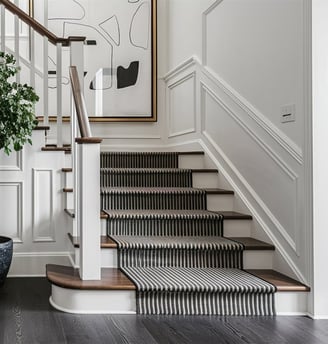 a staircase way with a vase of flowers in a vase