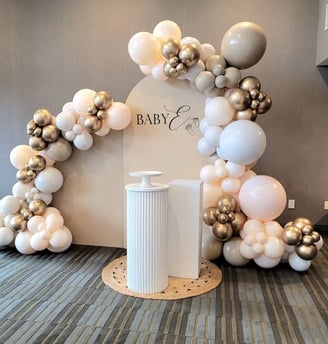 Baby shower balloon backdrop with two panels and plinths 