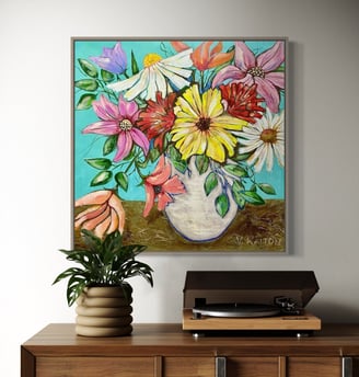 A colourful painting of a vase of flowers by verawalton.com