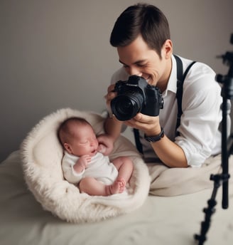 A person is joyfully holding a sleeping newborn dressed in warm, light-colored clothing. The person is dressed in a white outfit and is gazing lovingly at the baby. The background is neutral, featuring a hint of wooden texture from a piece of furniture.