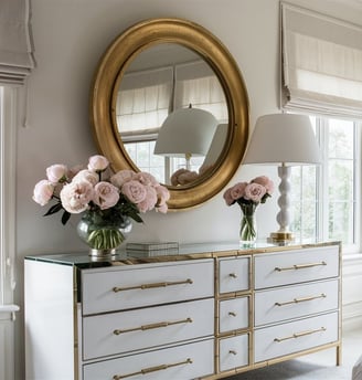 a bedroom with a large mirror and a large mirror