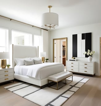 a bedroom with a large bed and a white bed