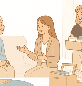 Professional organizer gently guiding an elderly woman through downsizing with support and care.