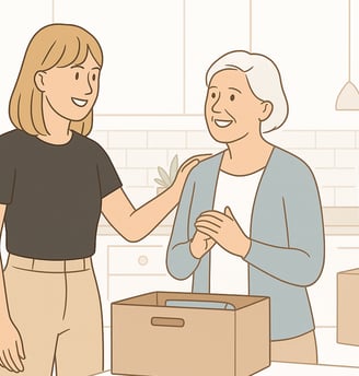 Organizer offering reassurance while helping a senior client unpack during a home transition.