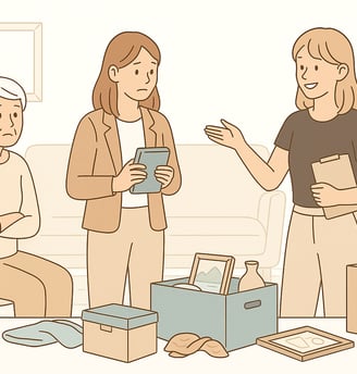 Organizer guiding a family through emotional decisions during the downsizing process with compassion