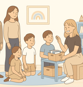 Professional organizer teaching a family how to sort and store keepsakes with care.