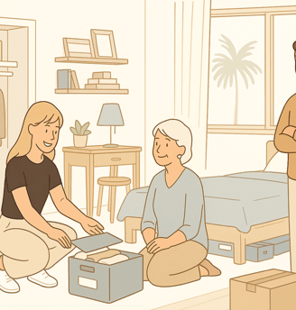 Organizer helping an elderly woman sort items with care while family looks on.
