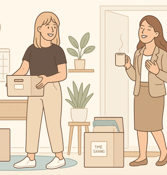 Organizer saving a busy woman time by setting up efficient systems at home.