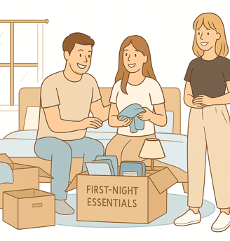 Couple unpacking their first-night essentials box with help from a professional organizer.