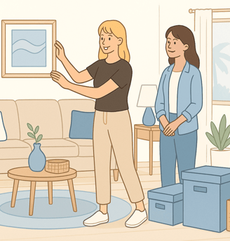 Organizer adding final styling touches to a living room after completing a full home setup.
