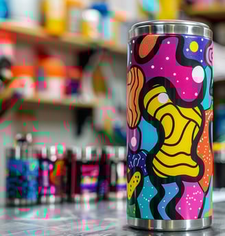 Tumbler with vinyl stickers, properly sealed, in an organized space.