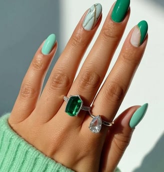 Green nails with marble and gold accents