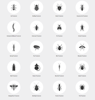 Icons representing various pest control treatments, including ants, bed bugs, cockroaches, rodents
