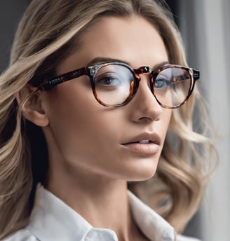 A pair of glasses resting on a textured black case with a distinctive circular golden logo. The lenses have a reflective surface, and the frame is sleek and stylish.