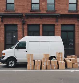 A person is standing inside an open van in a dark street, loading or unloading items. Nearby, there is a parked car and illuminated green signs for a business establishment.